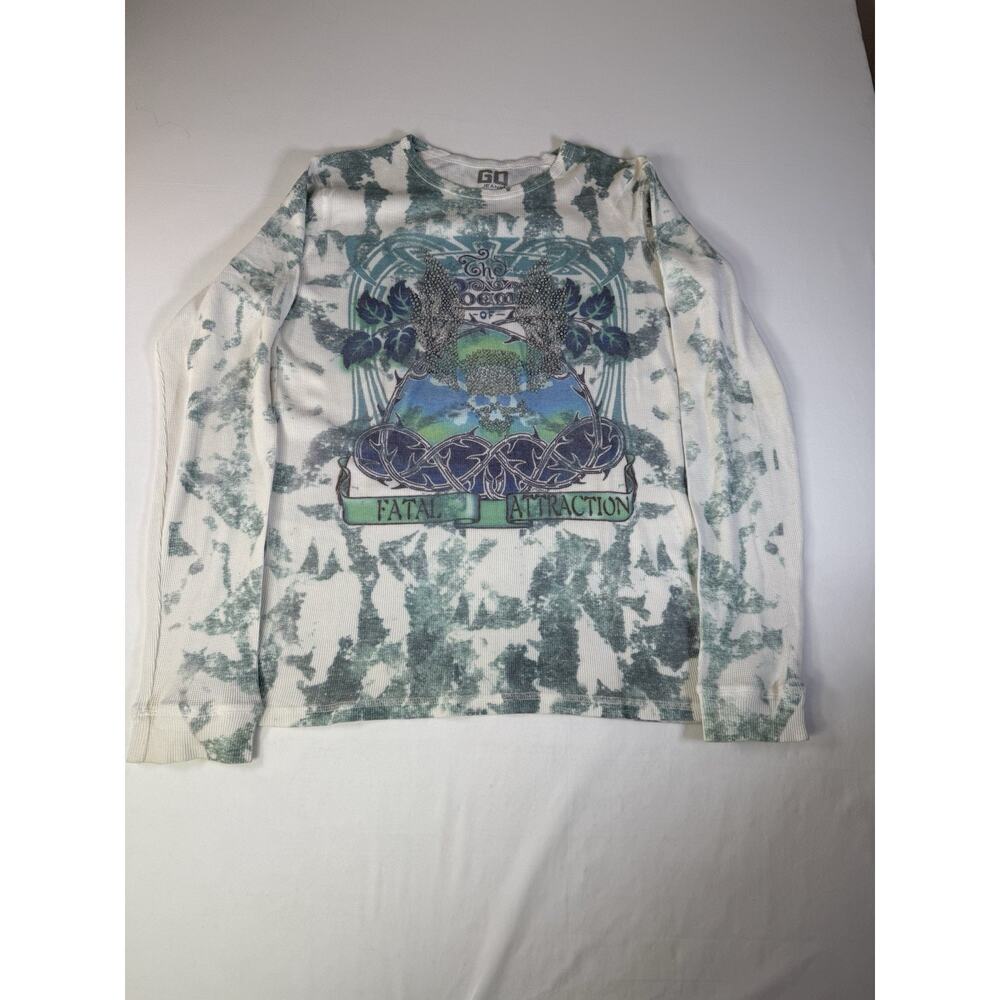 GO JEANS LOS ANGELES SZ L WHITE LONG SLEEVE BLUE DESIGN RHINESTONES